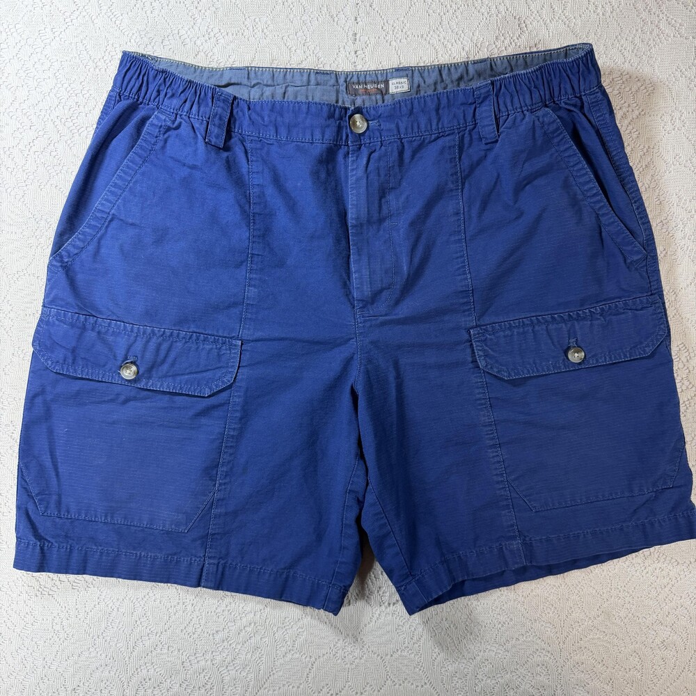 Van Heusen Traveler Cargo Shorts Mens 38 Blue Classic 9 Inseam Elastic Waist